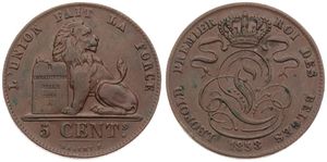 Belgium, Kingdom, Leopold I, 5 Centimes Copper 1858, Seated lion with tablet, Morin 84, A.XF 
