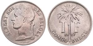 Belgian Congo, Colony, Albert I, 1 Franc Copper-Nickel 1927, Laureate head of the King left, KM 20 French Legend, VF
