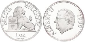 Belgium, Kingdom, Albert II, Medal (1 Oz) in Silver 1999, Seated lion with tablet / Head of King Albert II left, PROOF