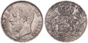 Belgium, Kingdom, Leopold II, 5 Francs Silver 1866, Bearded head left, Morin 153, RARE KEY DATE !, VF