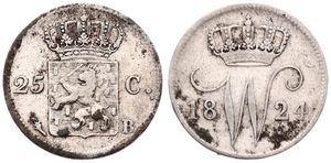 Netherlands, Kingdom, William I, 25 Cents Silver 1824B, Crowned arms, KM 48, (Brussels), Fine