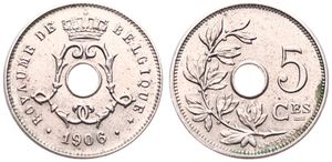 Belgium, Kingdom, Leopold II, 5 Centimes Copper-Nickel 1906FR, Center hole within crowned monogram, Morin 277, UNC