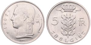 Belgium, Kingdom, Baudouin I, 5 Francs Copper-Nickel 1967FL, Head of Ceres left, Morin 567, UNC