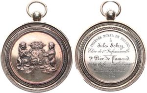 Belgium, Kingdom, Leopold I, Medal in White metal 1865, Price Medal - Concours Général de l'Athénée Royal de Bruges à Jules Sobry, 2e Prix de Flamand, Arms within circle, XF 