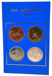 Belgium, Kingdom, Baudouin I, Official Annual Coin Set 1980 from the ZOO in Antwerp with 4 animal tokens, good for 10 entrances to the Zoo (still valuable), UNC in original blister