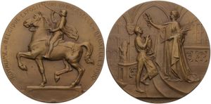 Belgium, Kingdom, Albert I, Medal in Bronze 1910 by G. Devreese, Exposition Universelle de Bruxelles, Allegorical figures / Man on rearing horse left, A.UNC