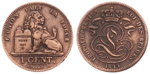 Belgium, Kingdom, Leopold I, 1 Centime Copper 1844, Seated lion with tablet, Morin 117, SCARCE DATE, XF (slightly cleaned)