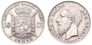 Belgium, Kingdom, Leopold II, 50 Centimes Silver 1898FL, Bearded head left, Morin 187, VARIETY WITH DOUBLE 9 IN DATE !, XF/AU