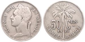 Belgian Congo, Colony, Albert I, 50 Centimes Copper-Nickel 1922, Laureate head of the King left, KM 22 French Legend, VF