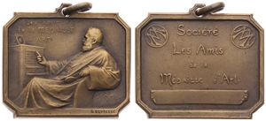 Belgium, Kingdom, Leopold II, Medal in Bronze 1901 by G. Devreese, Société Les amis de la Médaille d'Art, Old man seated and looking at a medal / Legend in 4 lines, XF