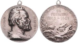 Belgium, Kingdom, Leopold II, Medal in Silver 1902 by J.C. Chaplain, Souvenir du Centenaire, Bust of Victor Hugo right / Musical instrument in field and legend above, XF