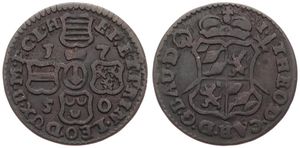Liege, Bishoperic, John Theodore, 1 Liard Copper 1750, Crowned ams over sword and scepter / Cross of shields - dates in angles, KM 155, VF