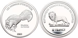 Congo Democratic Republic, Republic, 10 Francs Silver 2003, Striped Skunk left, KM 100, PROOF