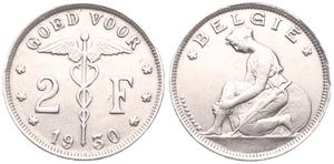 Belgium, Kingdom, Albert I, 2 Francs Nickel 1930FL, Kneeling woman left, Morin 395, SCARCE DATE !, A.XF