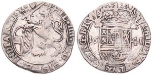 Spanish Netherlands, Philip IV, 1 Schelling Silver 1641, Rampant lion holding sword and shield left / Crowned arms on cross, VH 648.AN - Antwerp, A.VF