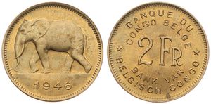 Belgian Congo, Colony, Prince Charles, 2 Francs Brass 1946, African Elephant left, KM 28, A.UNC