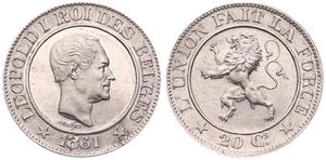 Belgium, Kingdom, Leopold I, 20 Centimes Copper-Nickel 1861, Rampant lion within circle left, Morin 132, A.UNC