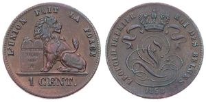 Belgium, Kingdom, Leopold I, 1 Centime Copper 1858, Seated lion with tablet, Morin 126, SCARCE DATE !, XF