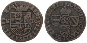 Spanish Netherlands, Albrecht & Isabella, 1 Oord Copper 1610, Crowned arms / Crowned title and 3 shields, VH 592.AN - Antwerp, VF