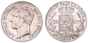 Belgium, Kingdom, Leopold I, 20 Centimes Silver 1853, Bare head left, Morin 59a, Variety without dots between L & W, XF/AU
