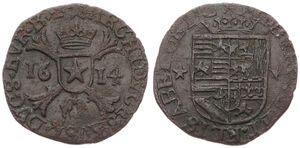 Spanish Netherlands, Albrecht & Isabella, 1 Oord Copper 1614, Crowned arms / Crowned city coat of arms on cross, VH 603.MA - Maastricht, VF+