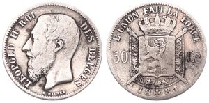 Belgium, Kingdom, Leopold II, 50 Centimes Silver 1881/61FR, Bearded head left, Morin 183a, RARE DATE, Fine