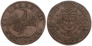 Spanish Netherlands, Albrecht & Isabella, Token in Copper 1608, Pamphlet against the armistice : Nil. Penna. Sed. Vsvs. / Calc. Ca. Comp. Dv. Gel. z Co. Zvi., Dugniolle 3632, XF 
