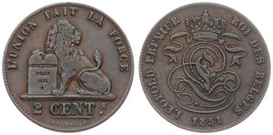 Belgium, Kingdom, Leopold I, 2 Centimes Copper 1851, Seated lion with tablet, Morin 100, VF