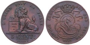 Belgium, Kingdom, Leopold I, 5 Centimes Copper 1852, Seated lion with tablet, Morin 79, XF
