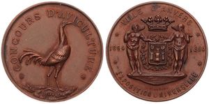 Belgium, Kingdom, Leopold II, Medal in Copper 1894 by Flambeau, Exposition Universelle d'Anvers - Poultry Competition, City coat of arms with supporters / Turkey right, XF