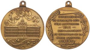 Belgium, Kingdom, Albert I, Medal in Brass 1914 by J. Baetes, Memento - Beschieting en overgave der stad Antwerpen, View on the City Hall / Legend in 8 lines, A.UNC 