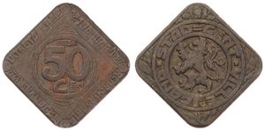 Belgium, Kingdom, Gent, 50 Centimes Brass Plated Iron 1915, Emergency Issue - Rampant Lion / Legend : Uitbetaalbaar op 1 januari 1917, (Thick 50 - Reduced size - MEDAL ALIGNMENT), KM Tn1a, VF