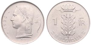 Belgium, Kingdom, Prince Charles, 1 Franc Copper-Nickel 1950FR, Head of Ceres left, Morin 527, A.UNC