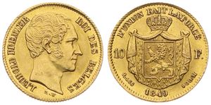 Belgium, Kingdom, Leopold I, 10 Francs Gold 1849, Bare head right, Morin 4, VERY RARE KEY DATE !, A.UNC (*)