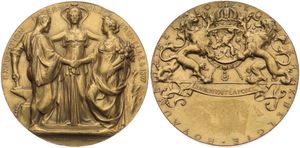 Belgium, Kingdom, Leopold II, Medal in Copper 1897 by J. Lagae & Wolfers, Exposition Internationale de Bruxelles, Allegorical figures / National arms with lion supporters, XF