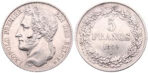 Belgium, Kingdom, Leopold I, 5 Francs Silver 1849, Laureate head left, Morin 15, XF