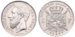 Belgium, Kingdom, Leopold II, 1 Franc Silver 1887FL, Bearded head left, Morin 179b, RARE VARIETY WITH I. WIENER INSTAED OF L. WIENER, UNC !