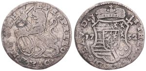 Liege, Bishoperic, John Theodore, 1 Escalin Silver 1752, Crowned ams over sword and scepter dividing date/ Rampant lion holding sword and Episcopal shield, KM 165, A.VF