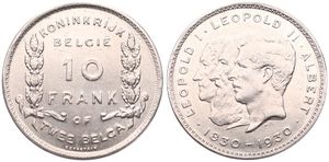 Belgium, Kingdom, Albert I, 10 Francs (2 Belgas) Nickel 1930FL (Position B), 100th Anniversary of Belgian Independence, Morin 381b, XF