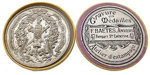 Belgium, Kingdom, Leopold II, Medal in Tin 1893 by F. Baetes, 25st Verjaringsfeest van de Gymnastische Volkskring van Antwerpen, UNC in original box 