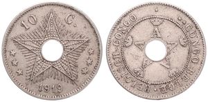 Belgian Congo, Colony, Albert I, 10 Centimes Copper-Nickel 1919, Center hole flanked by crowned monograms within beaded circle, KM 18, XF