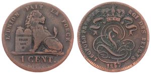 Belgium, Kingdom, Leopold I, 1 Centime Copper 1857, Seated lion with tablet, Morin 125a, VARIETY : WITHOUT DASH BELOW CENT, A.VF