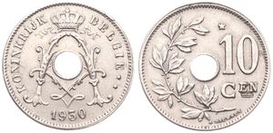 Belgium, Kingdom, Albert I, 10 Centimes Nickel-Brass 1930FL, Center hole within crowned monogram, Morin 425b, XF