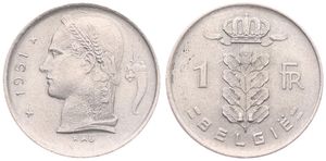 Belgium, Kingdom, Prince Charles, 1 Franc Copper-Nickel 1951FL, Head of Ceres left, Morin 530, UNC