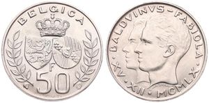 Belgium, Kingdom, Baudouin I, 50 Francs Silver 1960L, Royal Wedding, Morin 544, UNC