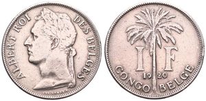 Belgian Congo, Colony, Albert I, 1 Franc Copper-Nickel 1920, Laureate head of the King left, KM 20 French Legend, VF