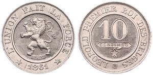 Belgium, Kingdom, Leopold I, 10 Centimes Copper-Nickel 1861, Rampant lion within circle left, Morin 133, UNC