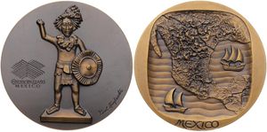 Belgium, Kingdom, Baudouin I, Medal in Bronze 1993 by Paul Huybrechts, Europalia Mexico, Ancient warrior holding shield / High Relief map and sailing ships, UNC