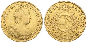 Austrian Netherlands, Maria Theresia, 1/2 Souverain d'Or Gold 1756 Antwerp, Crowned bust right with décolletage / Crowned ornate arms, KM 17, A.VF (*)