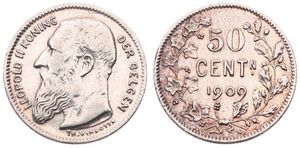 Belgium, Kingdom, Leopold II, 50 Centimes Silver 1909FL, Bearded head left, Morin 205, VF